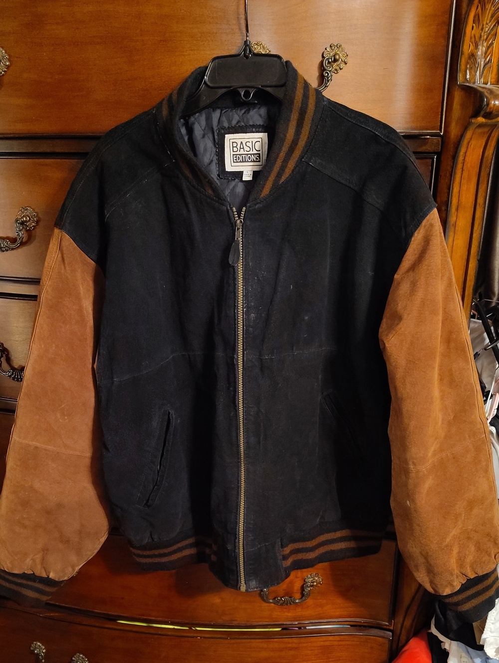 Basic Editions Black Bomber Jacket with Brown Suede Sleeves Sz Large